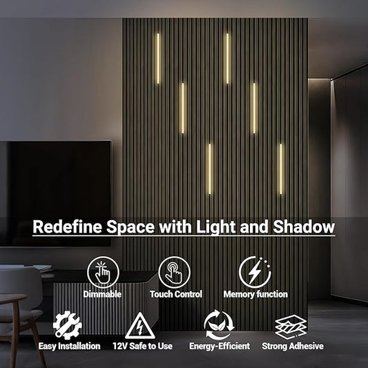 HAMRVL Black Wall Panel Lights, 6PCS 16-Inch 3000K Warm White Wall LED Lights Strip with Touch Switch, Self-Adhesive Dimmable Slat Wall Lights for Wood Slat, Bedroom Fluted Panel, Kitchen Cabinet