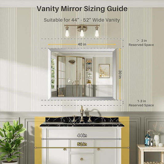 40x30 Inch Brushed Silver Bathroom Mirror for Wall, Thick Metal Framed Rectangle Mirrors for Over Sink, Bedroom, Living Room, Entryway, Anti-Rust, HD Tempered Glass