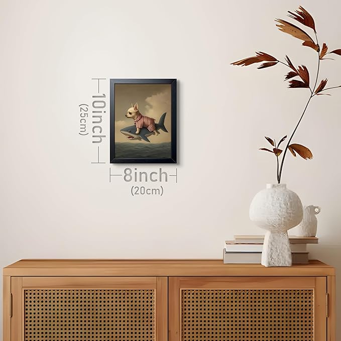 Funny Chihuahua Riding Shark Wall Art, Framed Dog Bathroom Canvas Print, Abstract Animal Wall Decor, Whimsical Humor Art Oil Painting for Bathroom Bedroom Living Room Home Decor 8x10 Inch