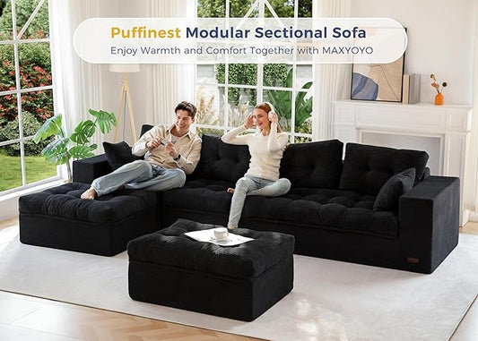 MAXYOYO 132" U Shaped Modular Sectional Sofa with 2 Ottomans, Cloud Boneless Couch with Layered Cushion, Flexible Module Combination Sofa for Living Room, No Assembly Required, Black