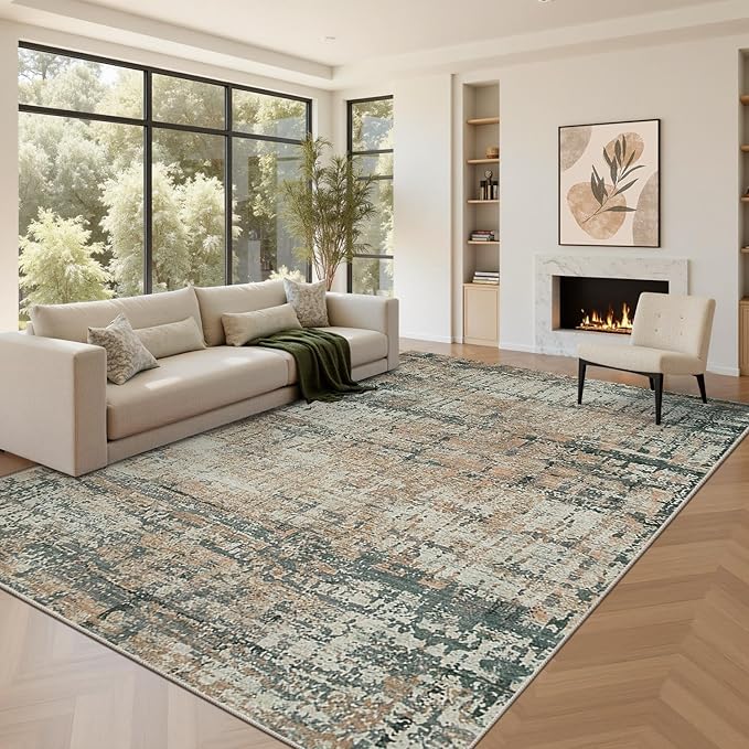 Rugxara Area Rugs 8x10,Large Soft Rugs for Living Room, Washable, Modern Green Abstract Rugs for Bedroom Dining Room, Non-Slip Foldable Thin Indoor Carpet Stain Resistant(Moss Green)