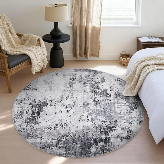ROYHOME Modern Abstract 4x4 Round Area Rug Non Slip Non Shedding Rug Low Pile Stain Resistant for Bedroom Living Room Office Dining Room,Grey