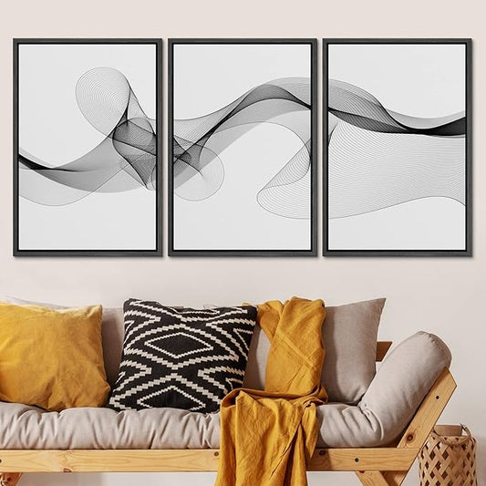 SIGNLEADER Framed Canvas Print Wall Art Curly Black Smoke Ribbons Geometric Shapes Digital Art Modern Art Minimalist Relax/Calm Multicolor Dark for Living Room, Bedroom, Office - 24"x36"x3 BLACK