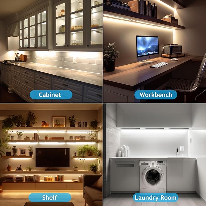 maylit Under Cabinet Lights Plug in, 3 Pcs 12 Inch Multi-Color Under Cabinet Lighting, Bright Under Counter Lights for Kitchen, Ultra Thin Dimmable Light for Cabinet, Counter, Workbench, Desk