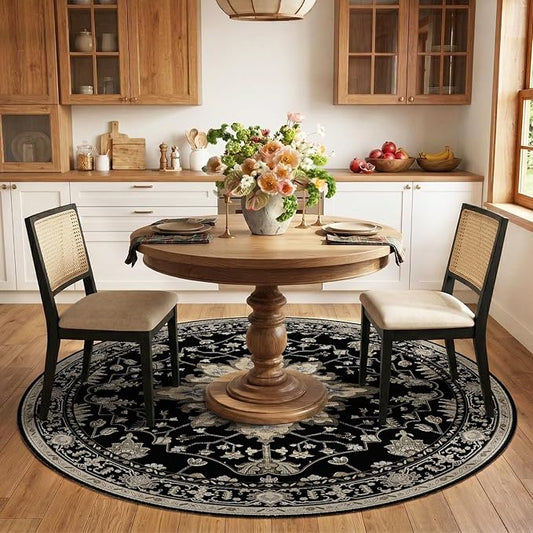 RELEANY Area Rugs Round 6ft Washable Non-Slip, Floral Vintage Distress Print Pattern Medallion Carpet for Living Room Bedroom Dining Room, Black Brown Neutral Dark Tan
