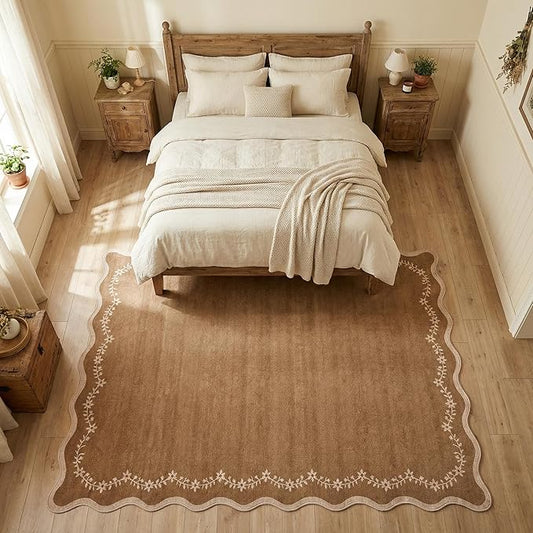 GarveeHome 5x7 Scalloped Area Rug Brown Washable Rugs for Living Room Bedroom, Soft Low Pile Non Slip Accent Floor Mat Solid Floral Print Throw Rug Farmhouse Indoor Carpet for Dorm Playroom
