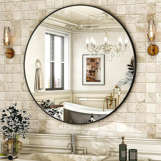 HARRITPURE Round Mirror 24 Black Wall Mounted Circle Mirrors Vanity Mirror with Brushed Aluminum Alloy Frame Modern Decoration for Bathroom, Living Room, Vanity, Bedroom, Entryway