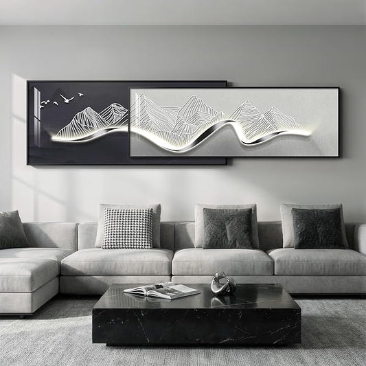 Extra Large Framed Modern Wall Art for Living Room, Set of 2 Long Narrow Black and White Abstract Mountain Prints Paintings, Horizontal Minimalist Pictures for Bedroom Dining Room Office Wall Decor