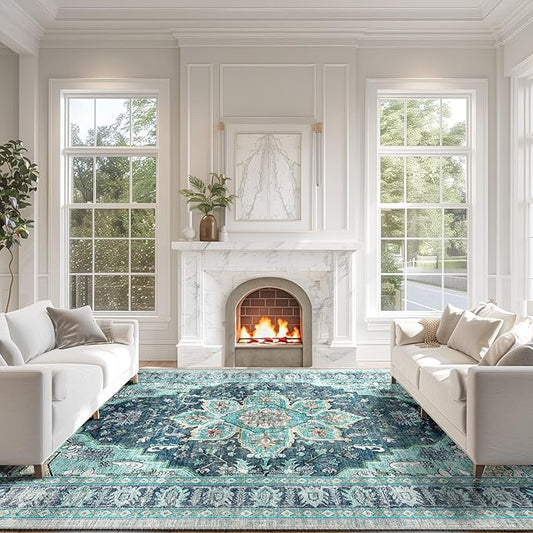 BESTSWEETIE 9x12 Area Rug Washable Rugs for Living Room, No Pile Boho Carpet for Entryway Bedroom Dinning Room, Vintage Carpet Print Distressed Non-Slip, 9 x 12 ft, Teal Dark Green