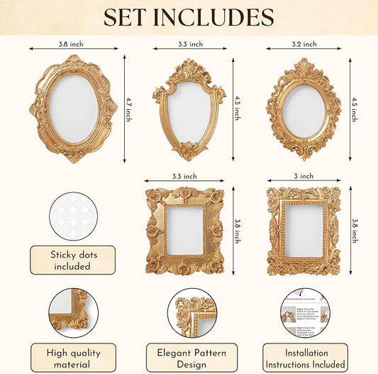 97 Decor Small Gold Picture Frames Set (No Standing & Backing) - 5 Mini Vintage Frames For Galley Wall, Assorted Gold Vintage Picture Frame Bulk, Antique Ornate Miniature Frame (Non-magnetic)