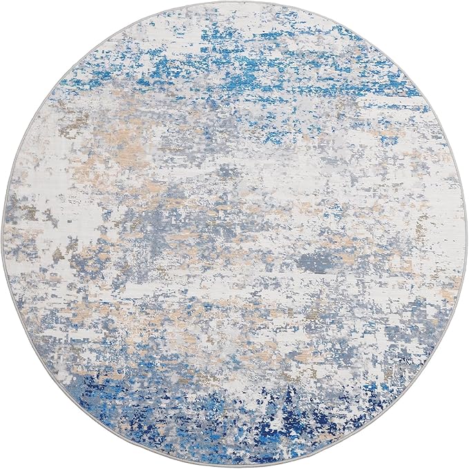 ROYHOME Modern Abstract 8x8 Round Area Rug Non Slip Non Shedding Rug Low Pile Stain Resistant for Bedroom Living Room Office Dining Room,Blue/Grey