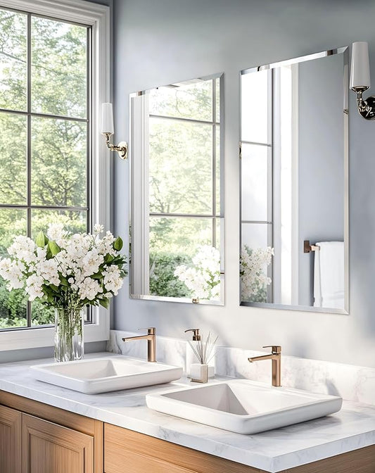 Frameless Rectangular Wall Mirror: Decorative Rectangle Mirrored Glass Vanity with Beveled Silver Edge for Bathroom Bedroom Livingroom Dining Room Entryway Hallway, 32 x 24 inch