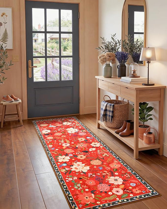 Macgace 2x6 Floral Runner Rug, Flowers Printed Washable Rugs with Non Slip Backing for Girls Bedroom Kitchen Hallway,Cute Carpet Runners Home Aesthetic Decor, Christmas Red