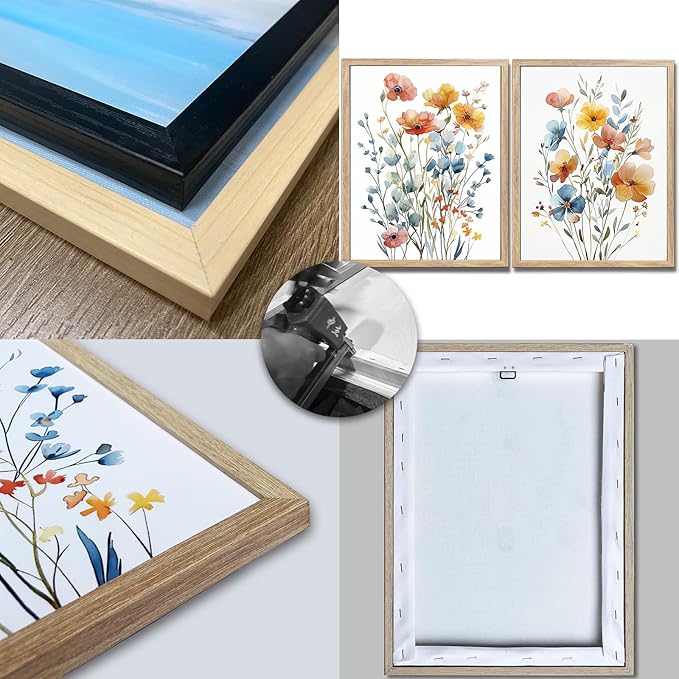 Framed Colorful Flowers Canvas Wall Art for Bathroom Decor, Blue Floral Print, Yellow Orange Flowers Artwork Pictures Poster for Bedroom Living Room Office Decoration 12"x16"x2 Panels
