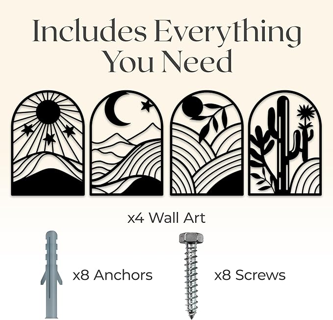 GALLERY GRACE Metal Wall Art Decor – 11" x 16", 4Pc Single Line Abstract Wall Art for Living Room, Bedroom, Office – Boho Minimalist Black Wall Decor Featuring Sun, Moon, Landscape & Desert Panels