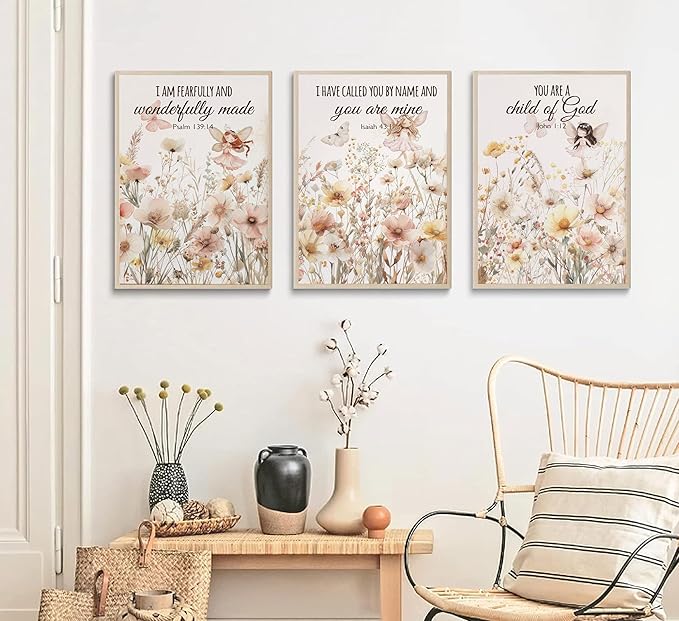 3Pcs Christian Nursery Wall Art Wildflower Bible Verse Canvas Painting Vintage Flower Scripture Pictures Wall Decor Butterfly Girl Floral Posters Prints for Girls Baby Room Living Bedroom Unframed