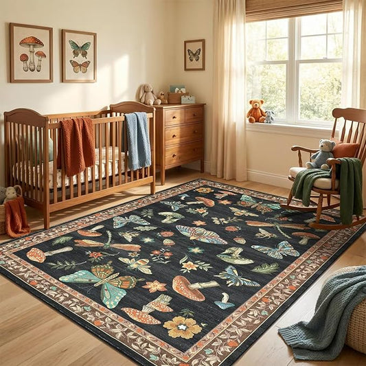 ROYHOME Mushroom Washable Rugs 5x7 for Living Room Low-Pile Whimsical Cottage Core Insect Bug Butterfly Funky Dark Gothic Decor for Bedroom Nursery Dining Room Black Brown