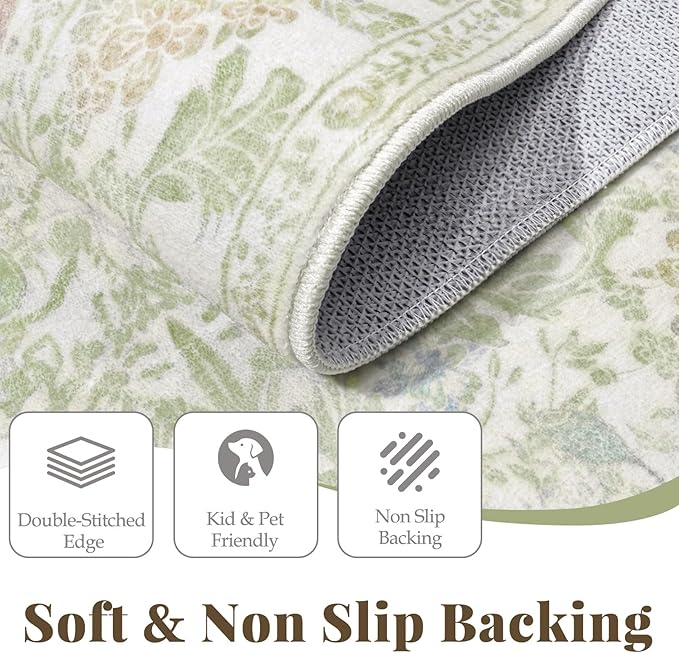 Lunasun Floral 3x8 Wide Hallway Runner - Sage Green with Cream Accent, Boho Forest Decor, Washable Low Pile Non Slip Stain Resistant Rug for Long Kitchen, Large Bathroom, Hall Way