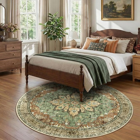 RELEANY Area Rugs Round 7ft Washable Non-Slip, Floral Vintage Distress Print Pattern Medallion Carpet for Living Room Bedroom Dining Room, Brick Red Rust Neutral Brown Burnt Orange Green