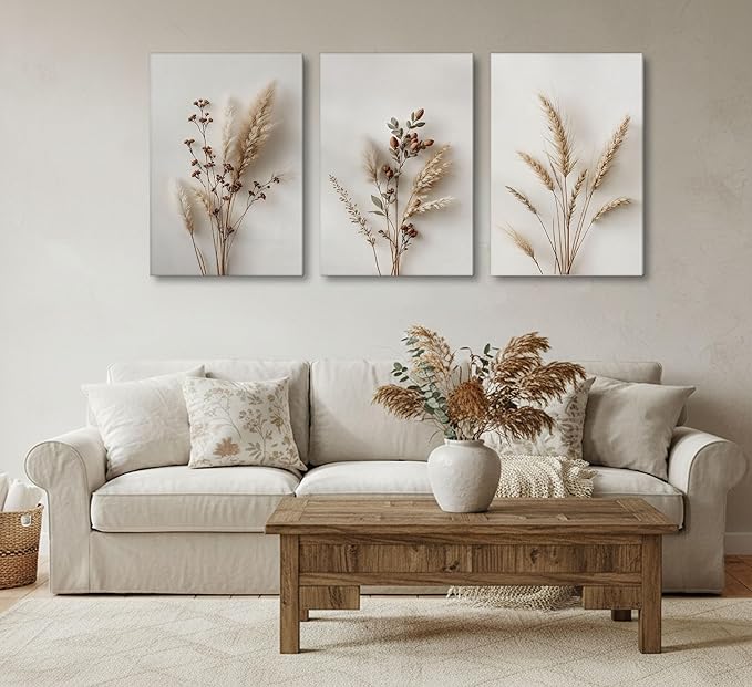3Pcs Beige Neutral Floral Botanical Canvas Wall Art Modern Minimalist Beige Flower Plant Painting Wall Decor Poster Print Artwork for Living Room Bedroom Bathroom Home Decortion