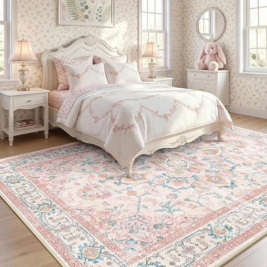 CAPALOCA Machine Washable Rugs Nursery Rug 9x12 Cute Girl Non Slip Low Pile Water Repellent Soft Print Pattern for Bedroom Indoor Decor Kids Playroom Pink Teal