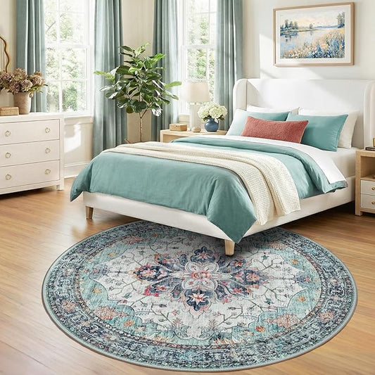 RELEANY Area Rugs Round 7ft Washable Non-Slip, Floral Vintage Distress Print Pattern Medallion Carpet for Living Room Bedroom Dining Room, Green Navy Blue White Red Teal Colorful