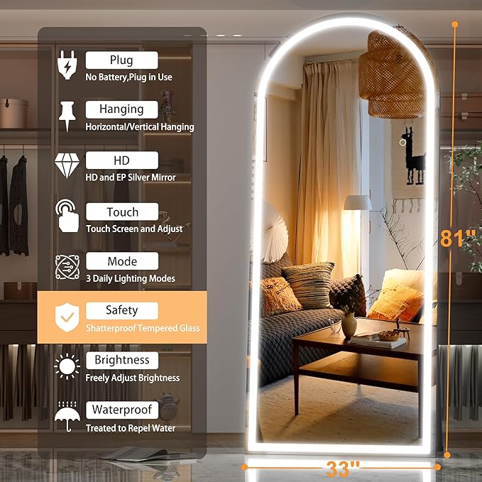 Hasipu 81"" x 33"" Led Mirror Full Length, Full Length Mirror with Lights Arch Design, Full Length led Mirror, Wall Mounted Mirror Dimming & 3 Color Modes, KM-A20585-H