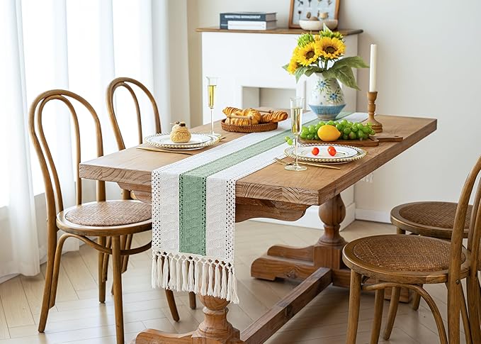 FEXIA Sage Green Table Runner 60 Inches Long with Tassels Boho for Summer Home Decor Rustic Macrame Farmhouse Table Cover for Wedding Party Bohemian Bridal Shower Dining Decorations(12x60 Inches)