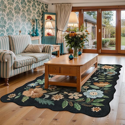 Lahome Floral Rugs for Living Room, 5x7 Area Rugs Ultra-Thin Soft Washable Rug, Non-Slip Bedroom Rug Stain Resistant Boho Flore Carpet for Dining Room Office (5x7ft,Black/Grey)