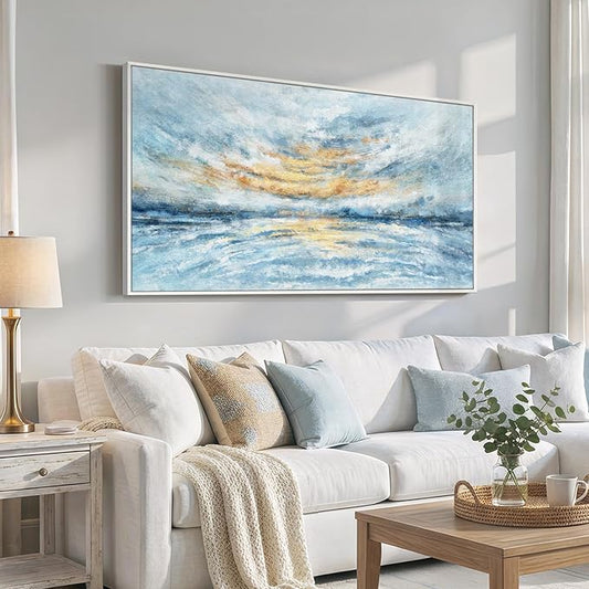Extra Large Framed Blue Gold Abstract Wall Art for Living Room, Oversized Modern Horizontal Canvas Prints Paintings Artwork for Walls, Coastal Horizon Pictures for Bedroom Hallway Wall Decor 30x60 In