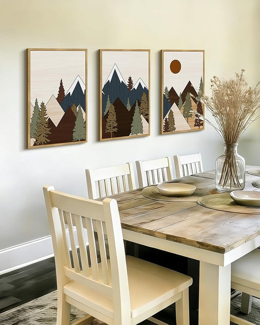 Drsoum Morden Mountains Landscape Wall Art Framed Boho Pine Tree Forest Nature Prints Boho Farmhouse Rustic Artwork Hallway Bedroom Ready to Hang 16x24in Natural Framed
