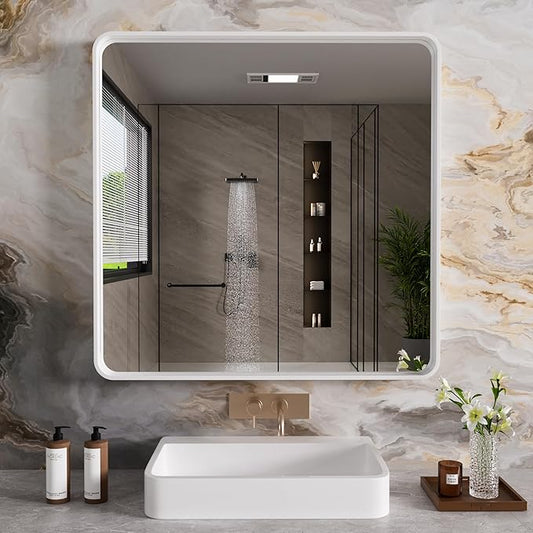 JISOSO White Bathroom Mirror 36x36 Inch, White Metal Framed Bathroom Mirror for Wall, Rounded Rectangle Matte Bathroom Vanity Mirror, Tempered Glass, Anti-Rust, Horizontal/Vertical