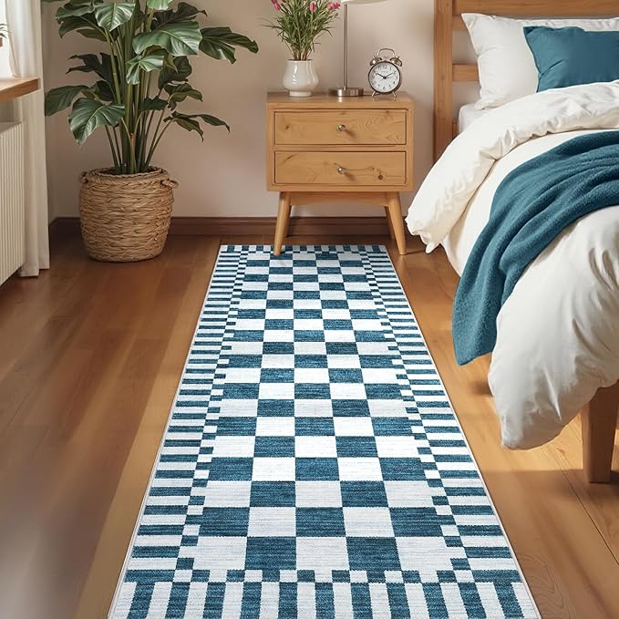 GarveeHome 2×6 Kitchen Runner Rug Non Slip,Blue and White Checkered Rug, Washable Runner Rug for Hallway Soft Low-Pile Geometric Modern Rugs for Entryway