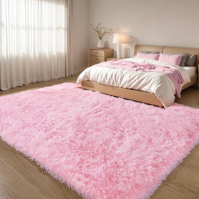 Pink Fluffy 9x12 Large Area Rugs for Bedroom Living Room Girls, Soft Washable Fuzzy Furry Shag Rug for Kids Room, Nursery, Dorm Decor, Cute Plush Carpet for Baby Toddler