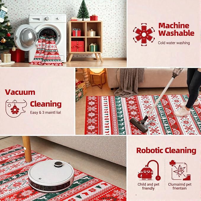 Area Rugs for Bedroom, 5x7 Ft Indoor Washable Rugs for Entryway Snowflake Print Living Room Carpet, Farmhouse Welcome Front Door Mat Non Slip Carpet for Entrance Porch Bath Kitchen, Green/Red