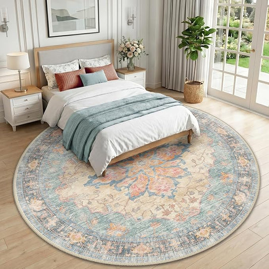 RELEANY Area Rugs Round 10ft Washable Non-Slip, Floral Vintage Distress Print Pattern Medallion Carpet for Living Room Bedroom Dining Room, Blue Orange Red