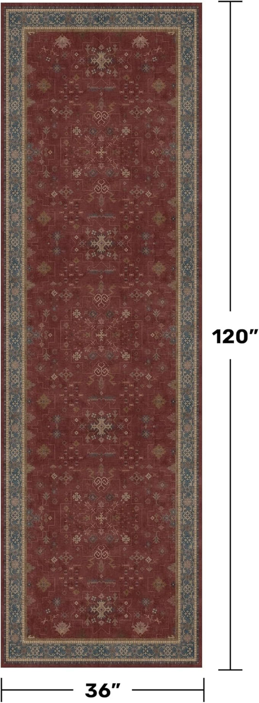 Burgundy 3x10 Long Runner Rug for Hallway - Washable Large Kitchen Rug, Low Pile Thin Carpet for Bedroom Bedside, Foyer, Non Slip Unique Bohemian Red Décor