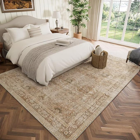 Washable 6x9 Area Rugs for Living Room, Boho Non-Slip Vintage Distress Large Rugs for Bedroom Dining Room Nursery Office, 0.3" Neutral Oriental Throw Thin Carpet, Brown/Multi, C1