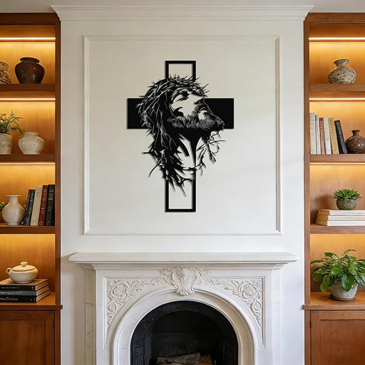 Slickss Large Jesus Wall Art, Metal Cross Wall Decor with Jesus Figure, 23.6x16.7 Inch Religious Wall Hanging, Christian Home Decor for Living Room, Office, Bedroom