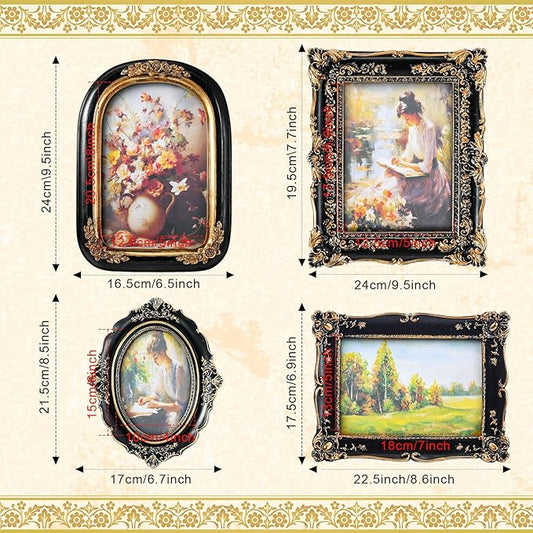 Geetery 4 Pcs Vintage Picture Frames Set, Black Ornate Baroque Frames for Gallery Wall, Antique Victorian Decorative Photo Frame for Tabletop or Wall Display, Shabby Cottagecore Home Decor
