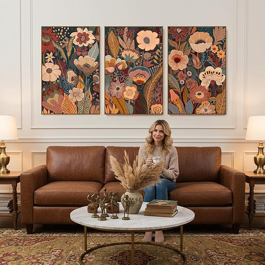 SAFERRYHOME Burnt Orange Floral Wall Art, 3 Pieces Boho Mid Century Modern Wildflower Framed Canvas Wall Decor, Vintage Botanical Neutral Plant Artwork Print for Living Room Bedroom Hallway Office, 16"x24"