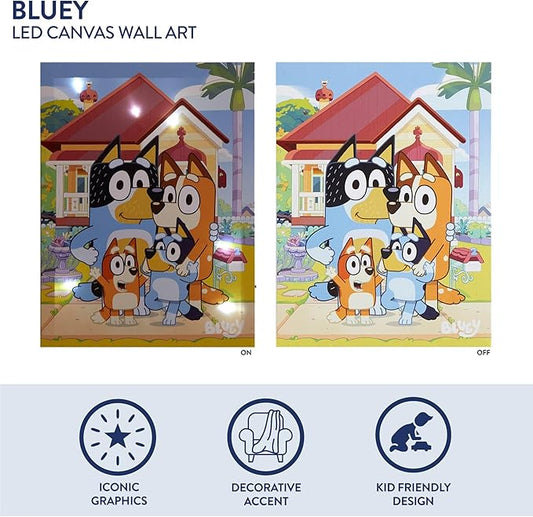 Bluey LED Wall Art for Kids,11.5 x 15.75 Inch Light-Up Canvas Décor with Hanging Hooks, Battery Operated Night Light for Toddlers & Children’s Bedrooms or Playrooms