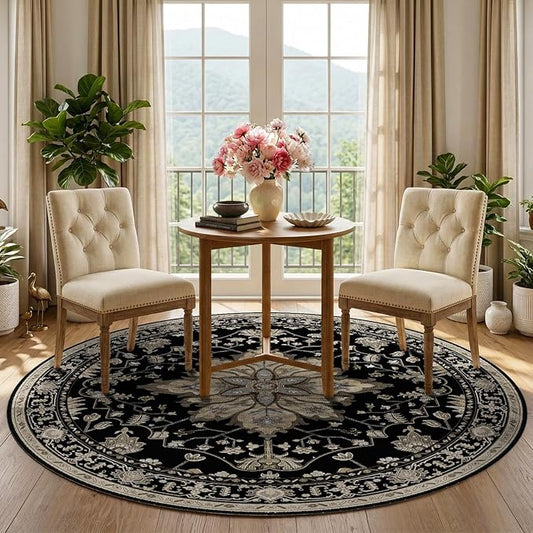 RELEANY Area Rugs Round 5ft Washable Non-Slip, Floral Vintage Distress Print Pattern Medallion Carpet for Living Room Bedroom Dining Room, Black Brown Neutral Dark Tan