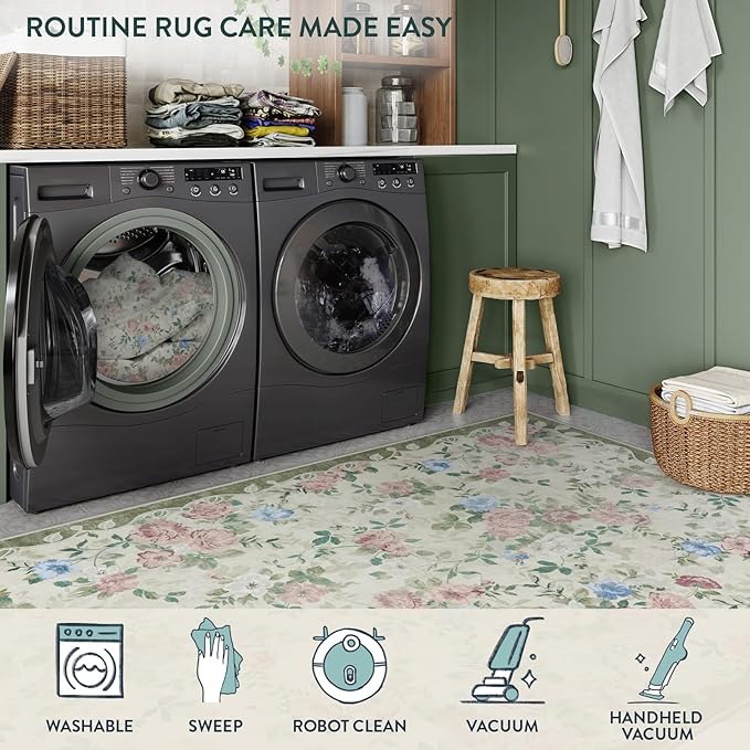 Lahome Vintage Floral Area Rugs 8x10,Large Rugs for Living Room Boho Area Rug Machine Washable, Low Pile Bedroom Rugs 8x10 Carpet for Office Rug Playroom Dining Room Nina(Cream/Green)