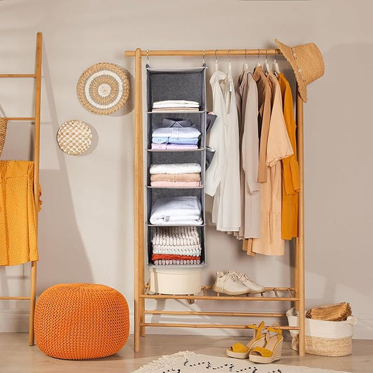 BOOMIBOO Hanging Closet Organize and Shelves,5-Hanging Shelf with 2 Side Pockets,Storage Foldable (2 Pack ,Beige)