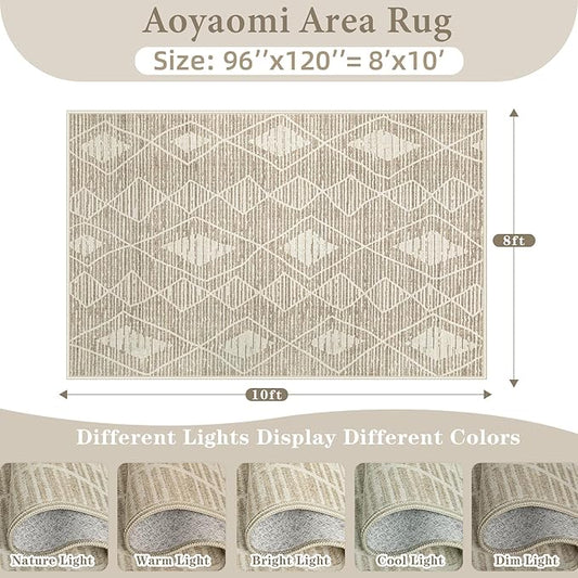 Area Rug Living Room Rugs 8x10 - Large Soft Boho Geometric Rug, Non-Slip Foldable Washable Rugs Non Shedding Morden Indoor Floor Carpet for Living Bedroom Office Dining Room(Cream Beige, 8'x10')