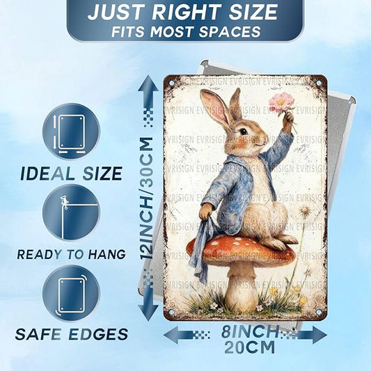 Easter Retro Rabbit Metal Sign Vintage Tin Wall Art Rustic Farmhouse Decor For Home Bar Living Room Spring Celebration 8x12Inch