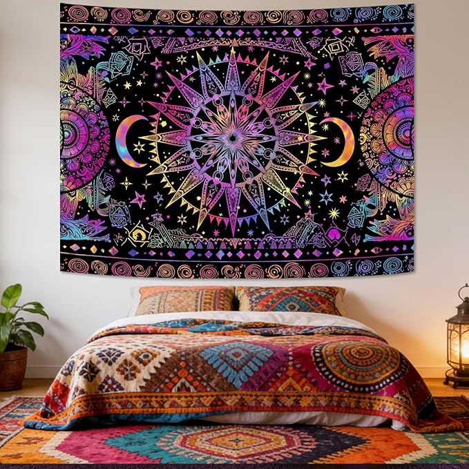 Leeisysme Hippie Sun and Moon Tapestry, Blacklight UV Reactive Neon Tie Dye Celestial Wall Hanging for Living Room Bedroom Home Decor, Purple 36x48 inches