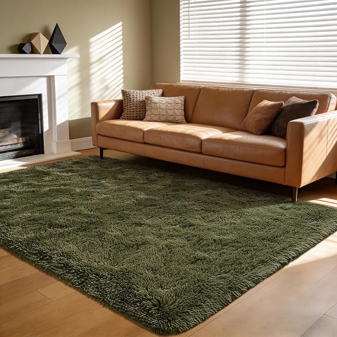 Andecor Shag Area Rug for Living Room, 5 x 8 Feet Olive Green Soft Fluffy Indoor Plush Throw Rugs for Bedroom Girls Kids Room Nursery Dorm Home Decor Carpet