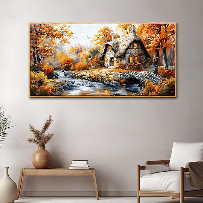 QIYILEXWART Canvas Wall Art For Living Room Wall Decor For Bedroom Office Wall Decoration Autumn Cottage River Landscape Painting Farmhouse Pictures Artwork Room Aesthetic Home Decor 20x40 In